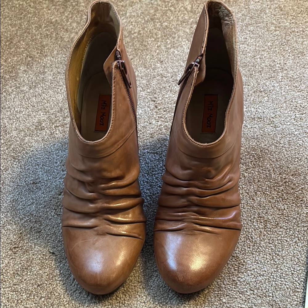 Miz Mooz Tan Ankle Booties with Ruching